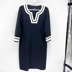Lands End Ponte Dress Black White trip Pockets 3/4 Sleeve classic careerware